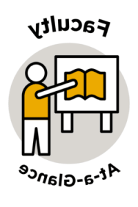 Icon of white and yellow cartoon man pointing to a board on the left with an open book icon on the board