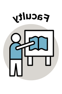 cartoon icon of person with a blue shirt pointing at a board with a blue open book on it